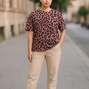 NEW Shein Leopard Print Short Sleeve Top Textured Oversized Casual L XL